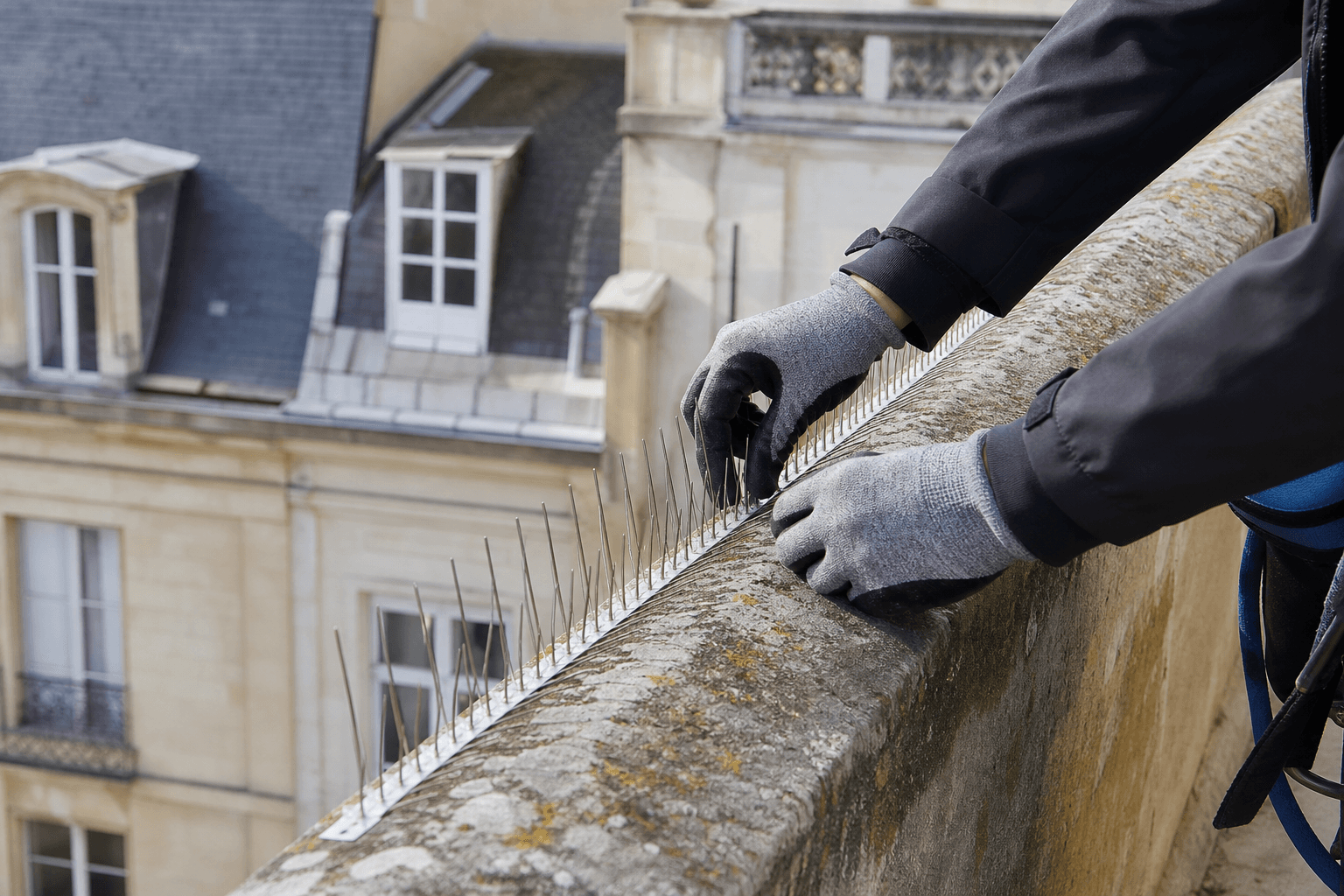 Installation de pics anti-pigeons sur un rebord en pierre