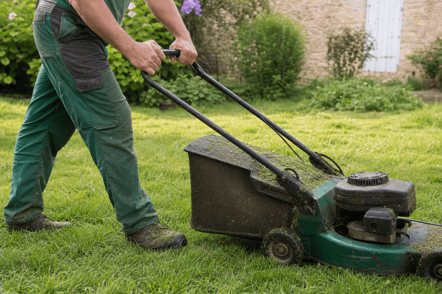 Jardinier tondant une pelouse dans un jardin girondin